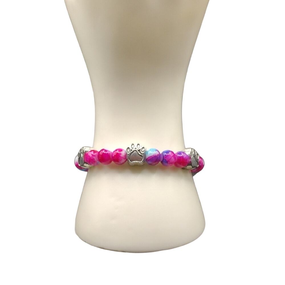 NWT Paw Print Bracelet Pink Blue Glass Beaded Stretch Elastic 19-21cm Cute